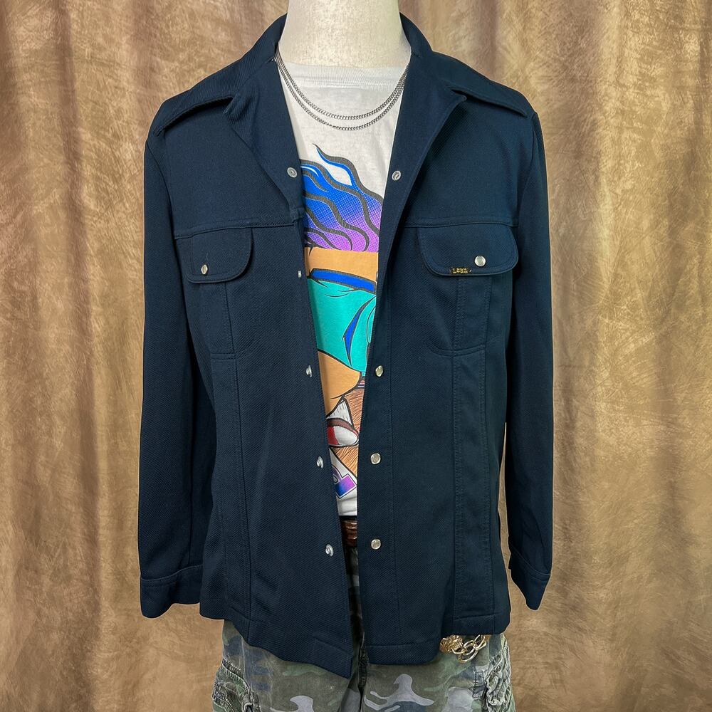 Vintage 70s Lee Pearl Snap Jacket Western Polyester Navy Button Up Rodeo Cowboy